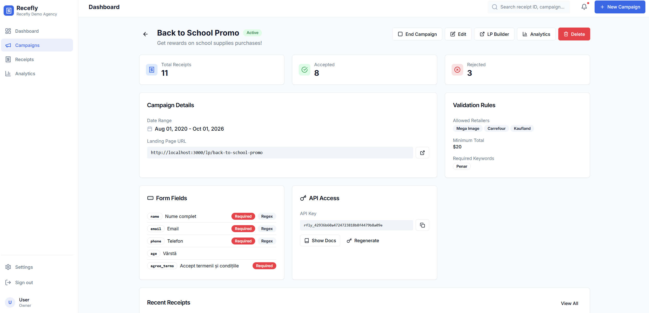 Dashboard de management campanii Recefly